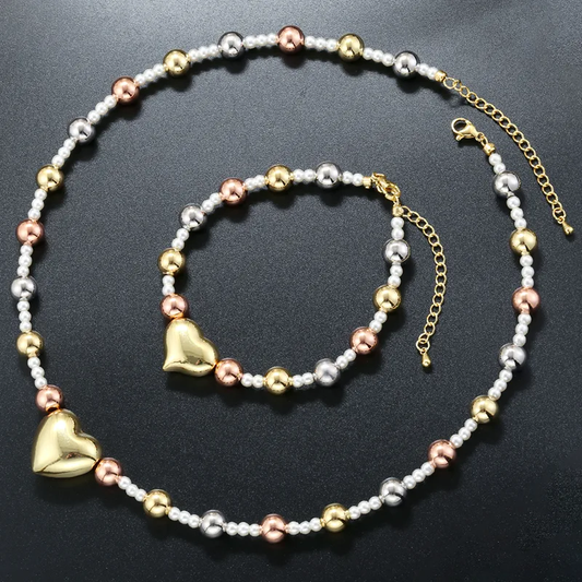 CONJUNTO CORAZON & PERLAS MULTICOLOR
